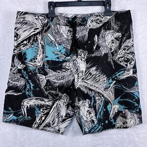 VTG Joe Boxer Board Shorts Mens 40 Black Blue Piranha Skull AOP Swim Beach Surf